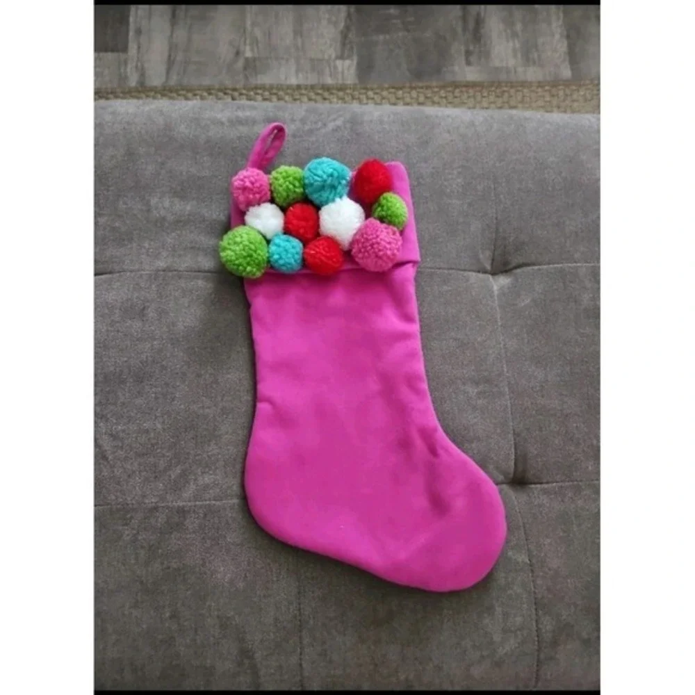 Pink & White Christmas Pom Pom‎ Stocking